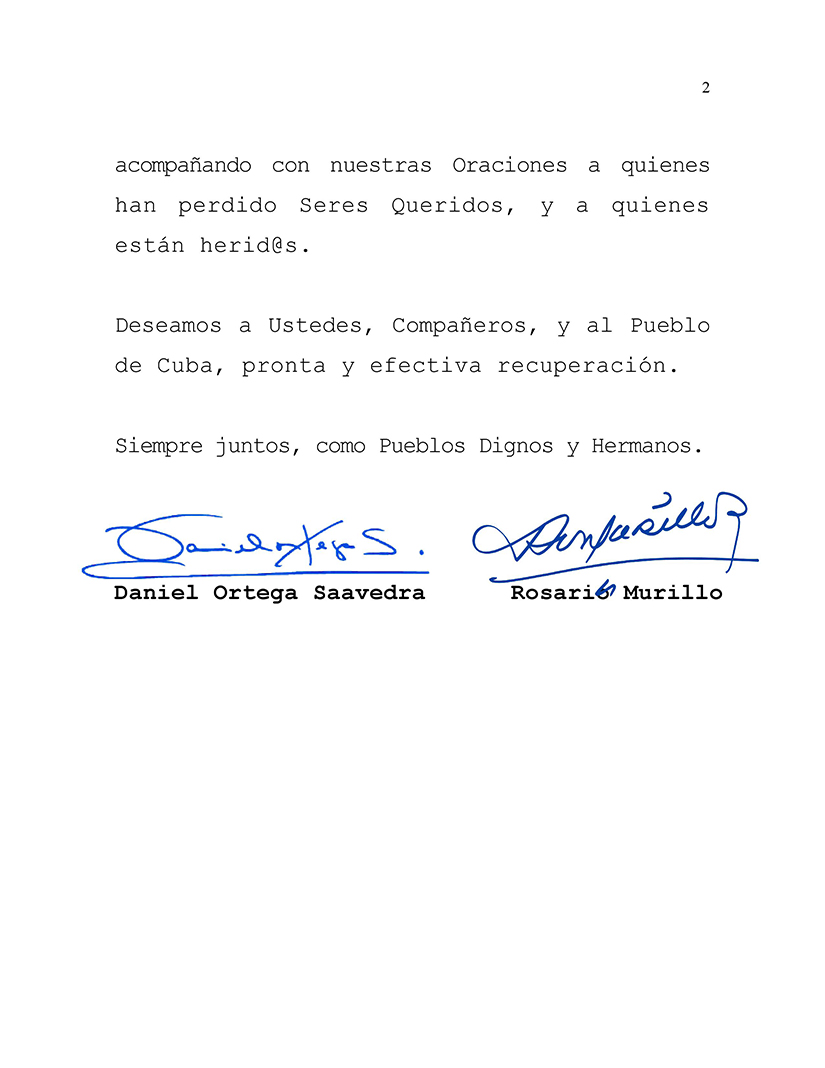 Mensaje de Solidaridad a los Compa&ntilde;eros General de Ej&eacute;rcito y Comandante de la Revoluci&oacute;n Cubana, Ra&uacute;l Castro Ruz, y Miguel D&iacute;az-Canel
